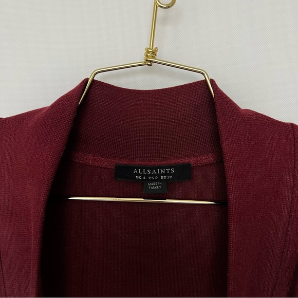 All Saints Jacket Gina Drape Open Front Long Sleeve Size XS-O Burgundy Marron - Picture 13 of 13